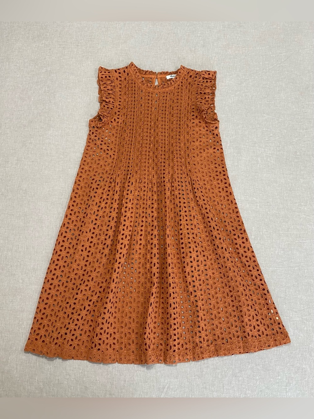 Madewell  Eyelet Ruffle-Sleeve Pintuck Mini Dress Sz XS Brown Boho